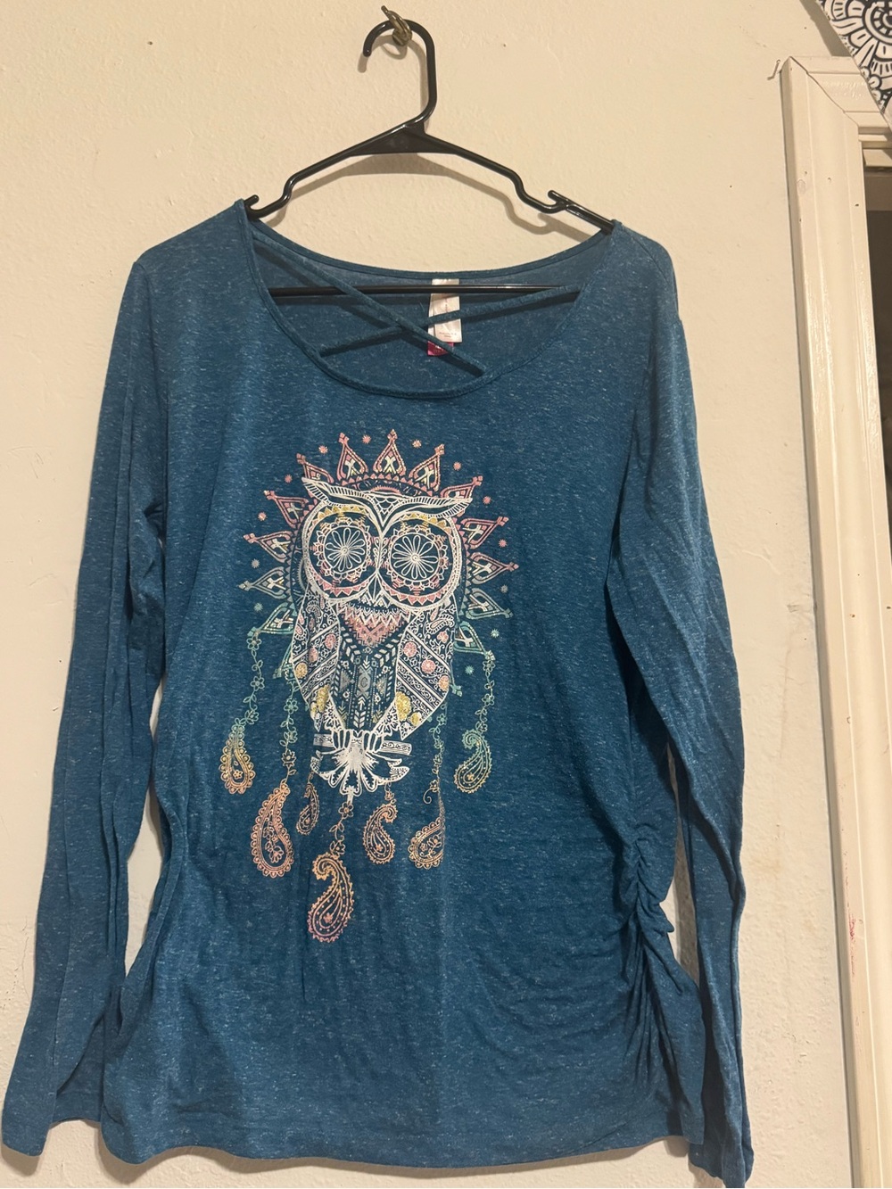 No Boundaries Blue Women's Long Sleeve Owl Graphic Top Size XL